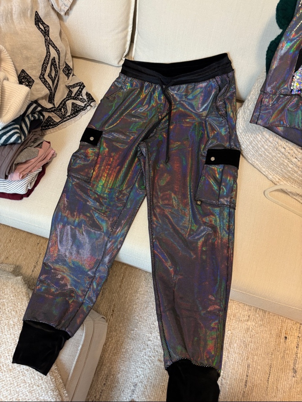 Holographic Cargo Jogger Pants - Black